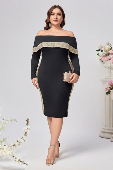 Black Satin Bodycon Long Sleeves Plus Size Midi Mother of the Bride Dress